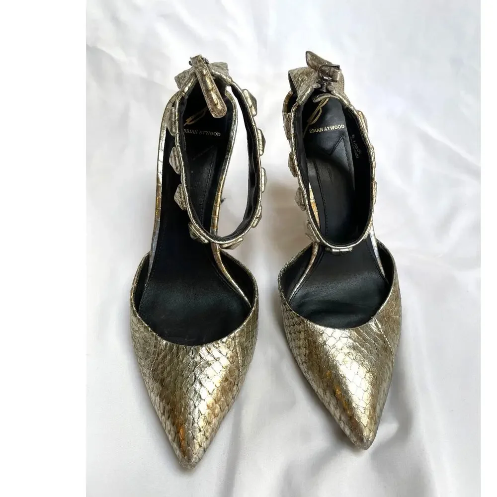Brian Atwood Mercada Metallic Silver Leather Snake Stud Ankle Strap Heels, 6.5
